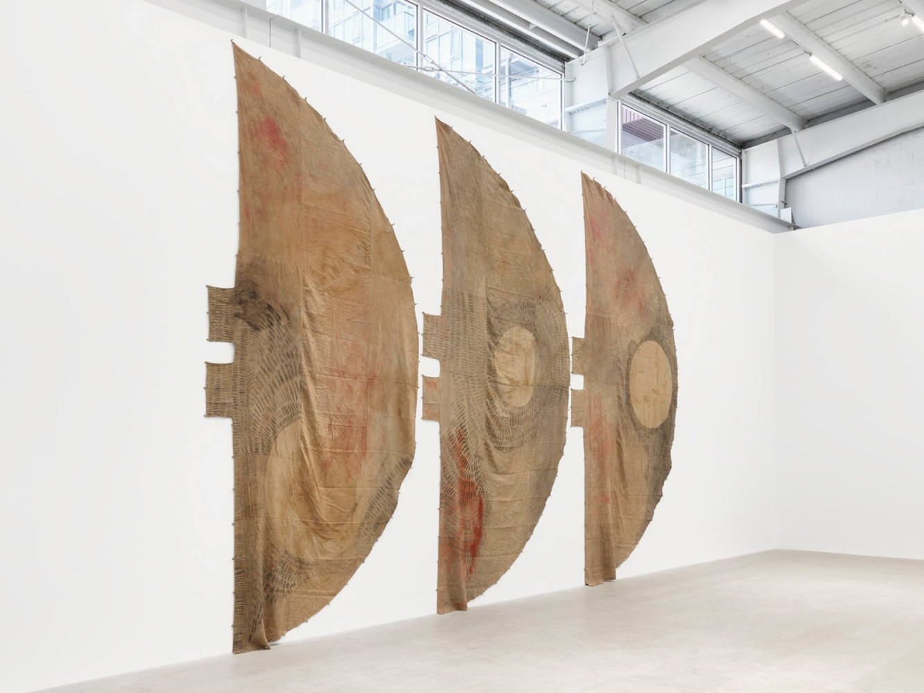 duane linklater,&amp;nbsp;winter in america_no door_&amp;acirc;kamenimok, 2020. digital print on hand dyed linen, black tea and sumac dye, charcoal, cup and saucer ochre, iron red pigment, dandelion, nail