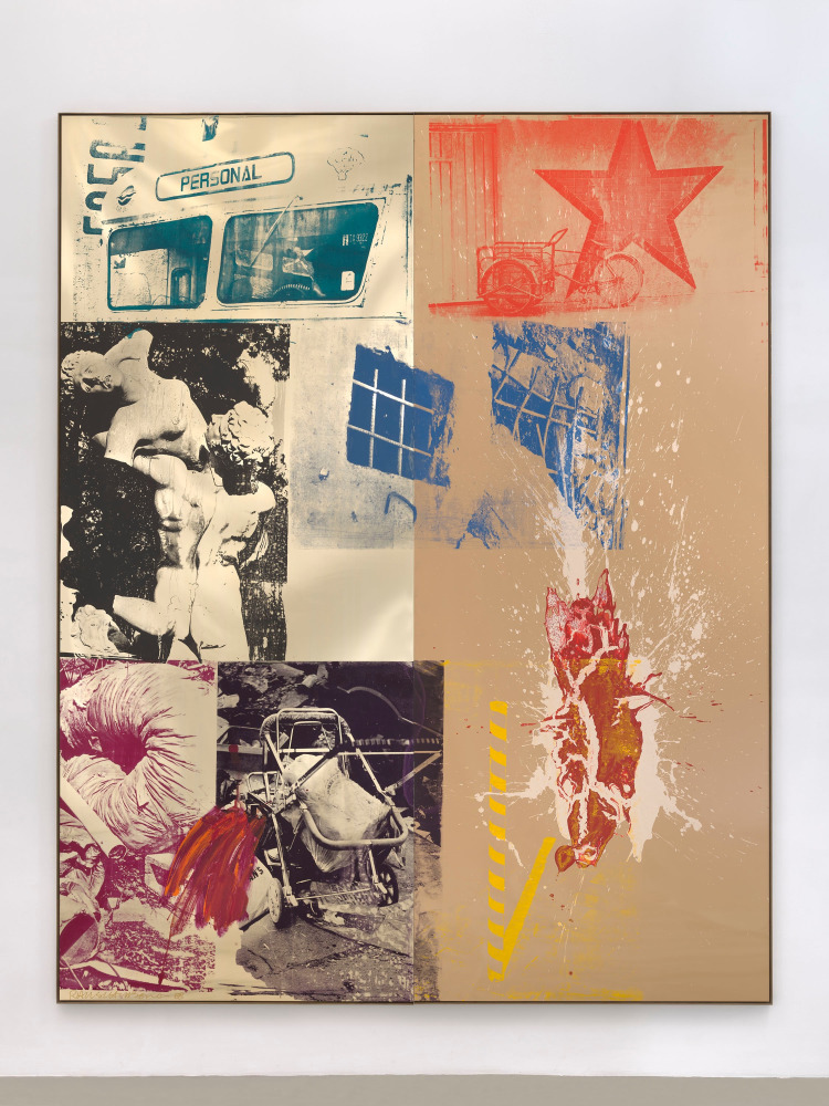 Favor-Rites (Urban Bourbon)

1988

silkscreen ink and acrylic on mirrored and enameled aluminum

120&amp;nbsp;⅝ x 96&amp;nbsp;⅞ inches (306.5 x 246 cm)

&amp;copy; 2022 The Robert Rauschenberg Foundation, Licensed by VAGA at Artists Rights Society (ARS), New York. Photo: Ron Amstutz, courtesy of The Robert Rauschenberg Foundation and Mnuchin Gallery, New York.