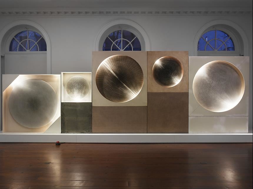 Five Light Disks, Cosmic Vision
1961-1981
nails on canvas on wood, wooden case, electric motor, spotlight
94 1/2 x 283 1/2 x 15 3/4 inches (240 x 720 x 40 cm)