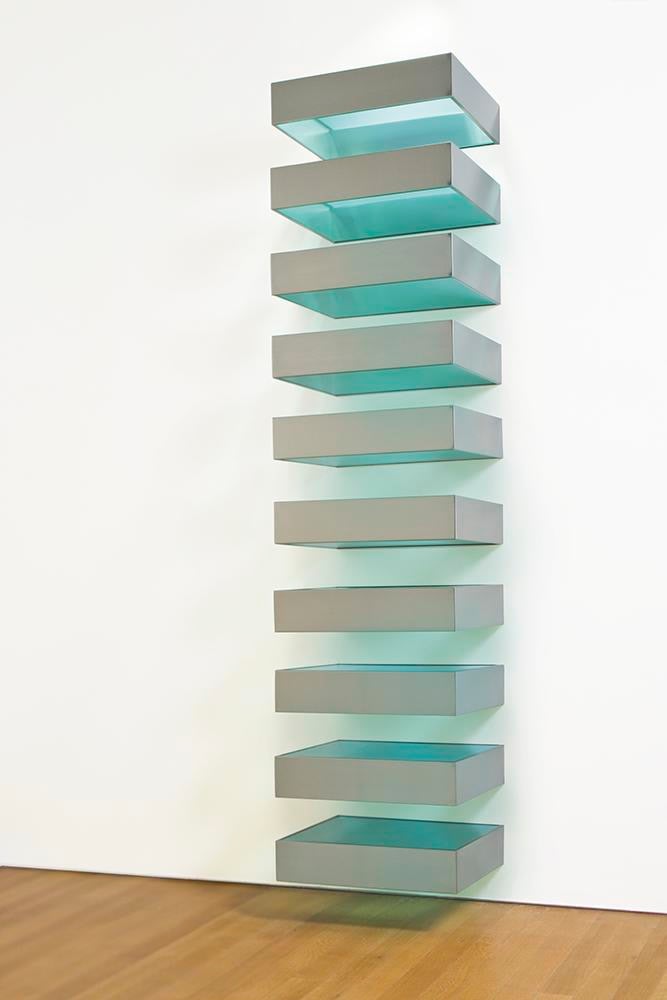 Untitled (Bernstein 89-1)
1989
stainless steel and transparent green Plexiglas
10 units, each: 6 x 27 x 24 inches (15.2 x 68.6 x 61 cm)