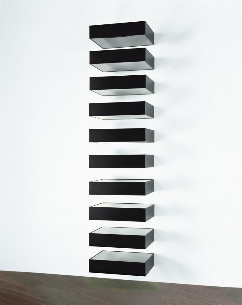 Donald Judd
Untitled (Bernstein 90-01)
1990
black anodized aluminum with clear Plexiglass
10 units, each 9 x 40 x 31 inches (22.9 x 101.6 x 78.7 cm)