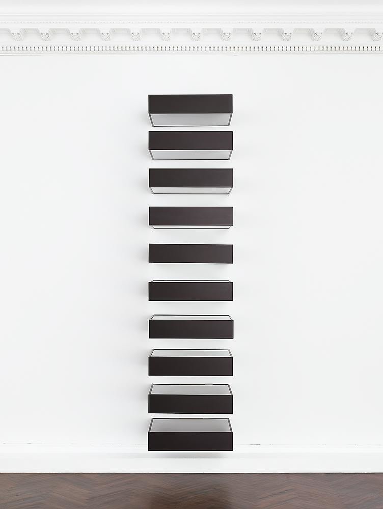 Untitled (Bernstein 90-11)
1990
black anodized aluminum with clear Plexiglas
10 units, each: 6 x 27 x 24 inches (15.2 x 68.6 x 61 cm)