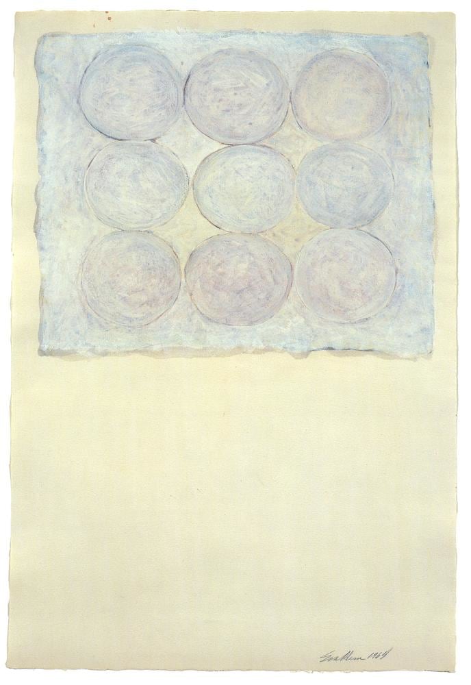 Eva Hesse
Nine Circles
1968
watercolor and gouache over metallic gouache on ivory paper
22 1/4 x 15 inches (56.5 x 38.1 cm)