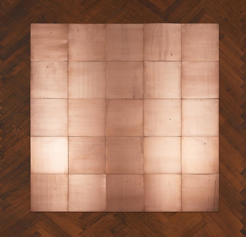 Carl Andre
Fifth Copper Square
2007
copper
25-unit square (5 x 5)
overall: 1/8 x 98 1/2 x 98 1/2 inches (.3 x 250.2 x 250.2 cm)