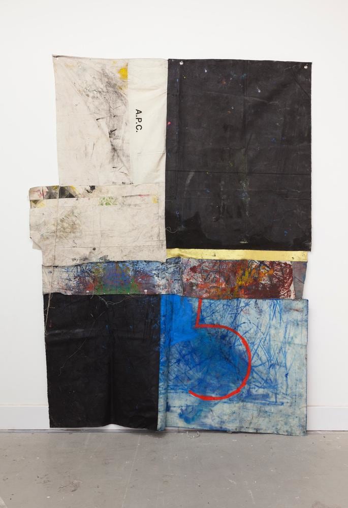 Oscar Murillo
A.P.C. French Romanticism
2014-15
oil paint, oil stick, and dirt on canvas, silk, and linen
91 x 67 inches (231.1 x 170.2 cm)