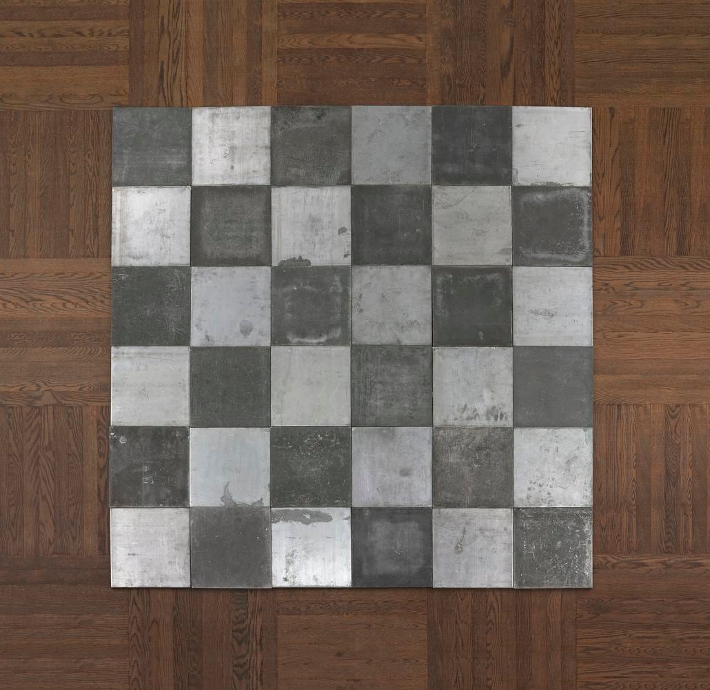 Carl Andre
Lead-Zinc Plain
1969
lead and zinc
36-unit square, 18 plates of each metal alternating (6 x 6)
overall: 3/8 x 72 x 72 inches (1 x 182.9 x 182.9 cm)

Courtesy of the Brant Foundation, Greenwich, CT