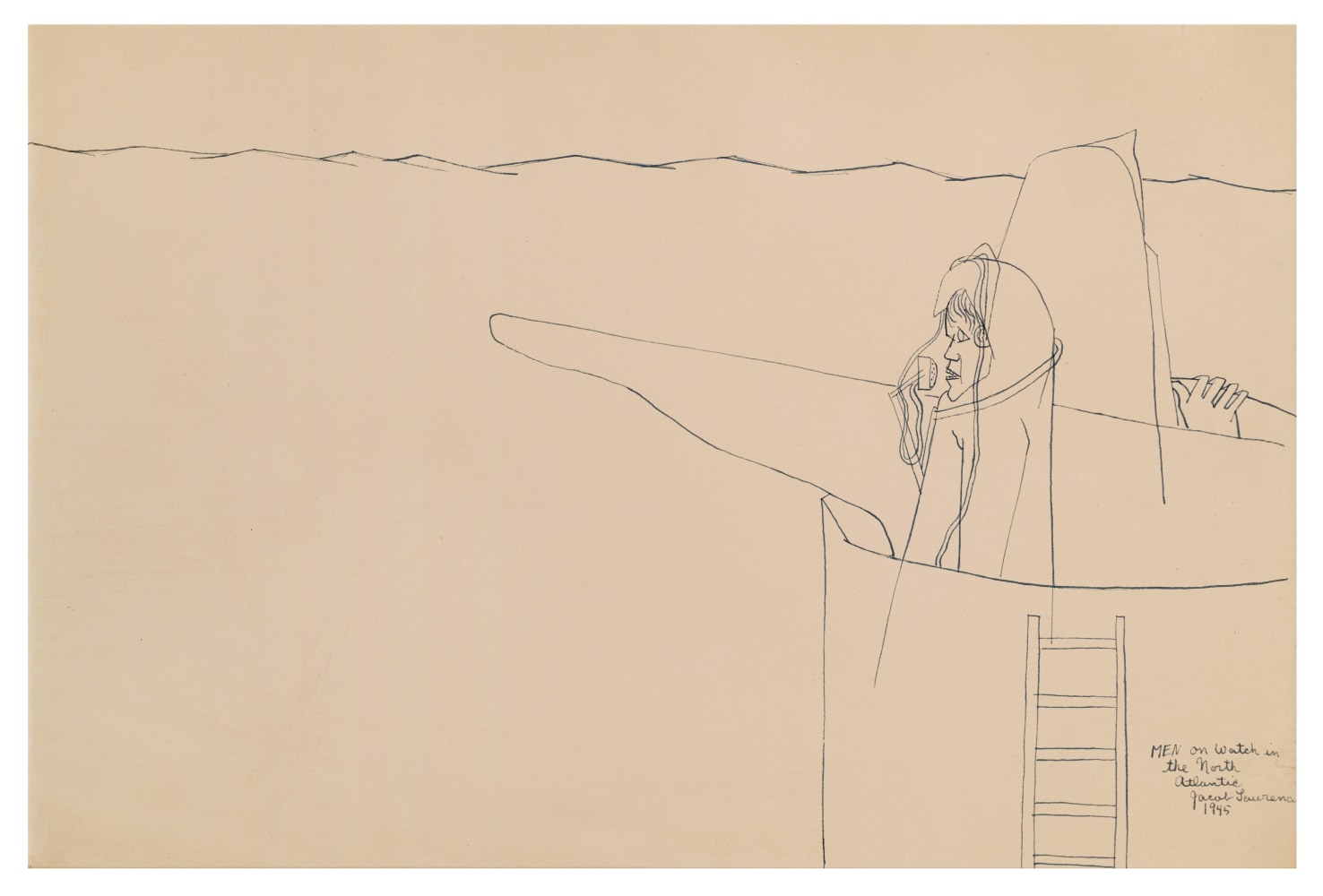 Jacob Lawrence

Men on Watch in the North Atlantic, 1945

Pen and ink on paper

11 3/4 x 18 inches