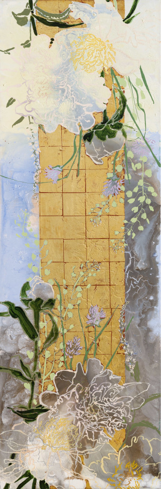 Robert Kushner Peony Horizon, 2002 Oil, acrylic, gold leaf, and glitter on canvas 72 x 24 inches