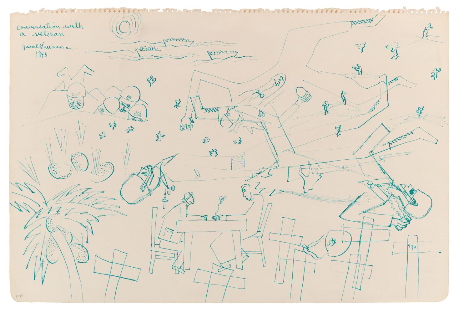 Jacob Lawrence

Conversation with a Veteran, 1945

Pen and ink on paper

12 x 18 inches