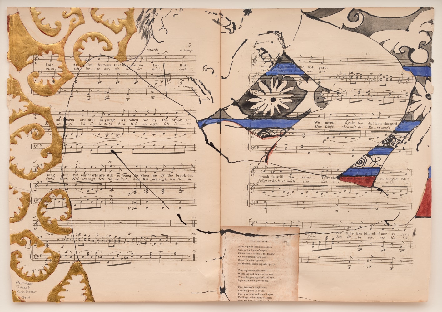 Robert Kushner, Minstrel, 2010. Acrylic, oil, ink, ink wash, gold leaf, and collage on antique paper, 13 1/2 x 19 1/4 inches
