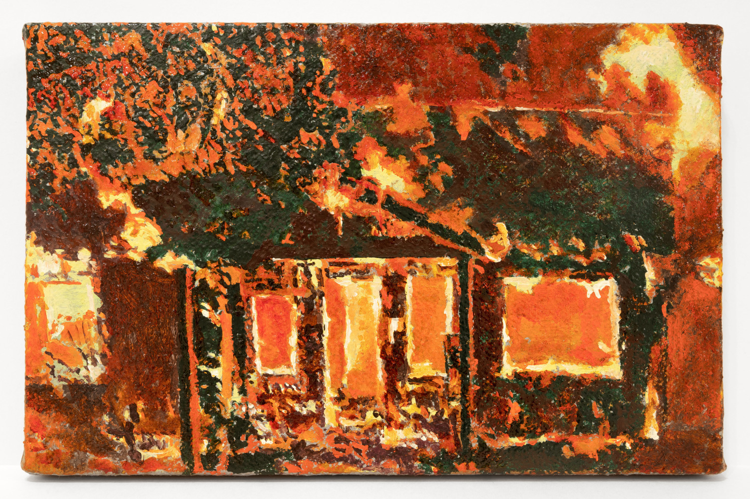 Greg Lindquist, California Wildfire, 2022. Oil and metallic on linen on panel, 8 x 12 x 1 inches