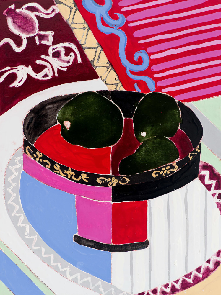 Robert Kushner, Kashiki, Avocado Pears, Suzani, 2022. Oil, acrylic, and conté crayon on wood panel, 24 x 18 inches