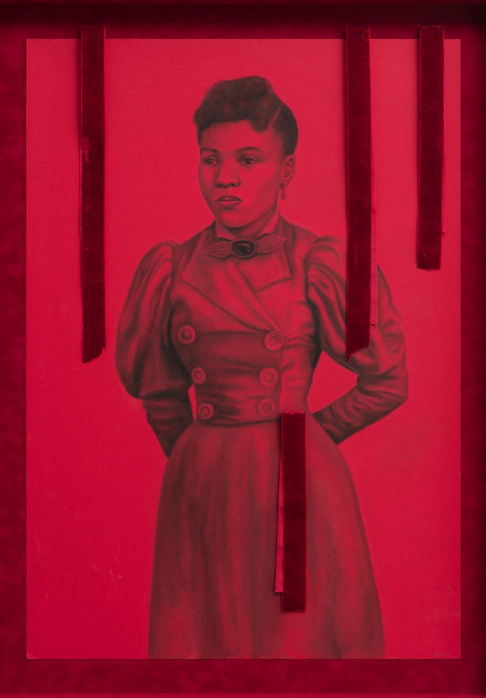 The Red X, 2021
Cont&amp;eacute; on paper with attached found object
45 3/4 x 34 x 3 5/8 inches