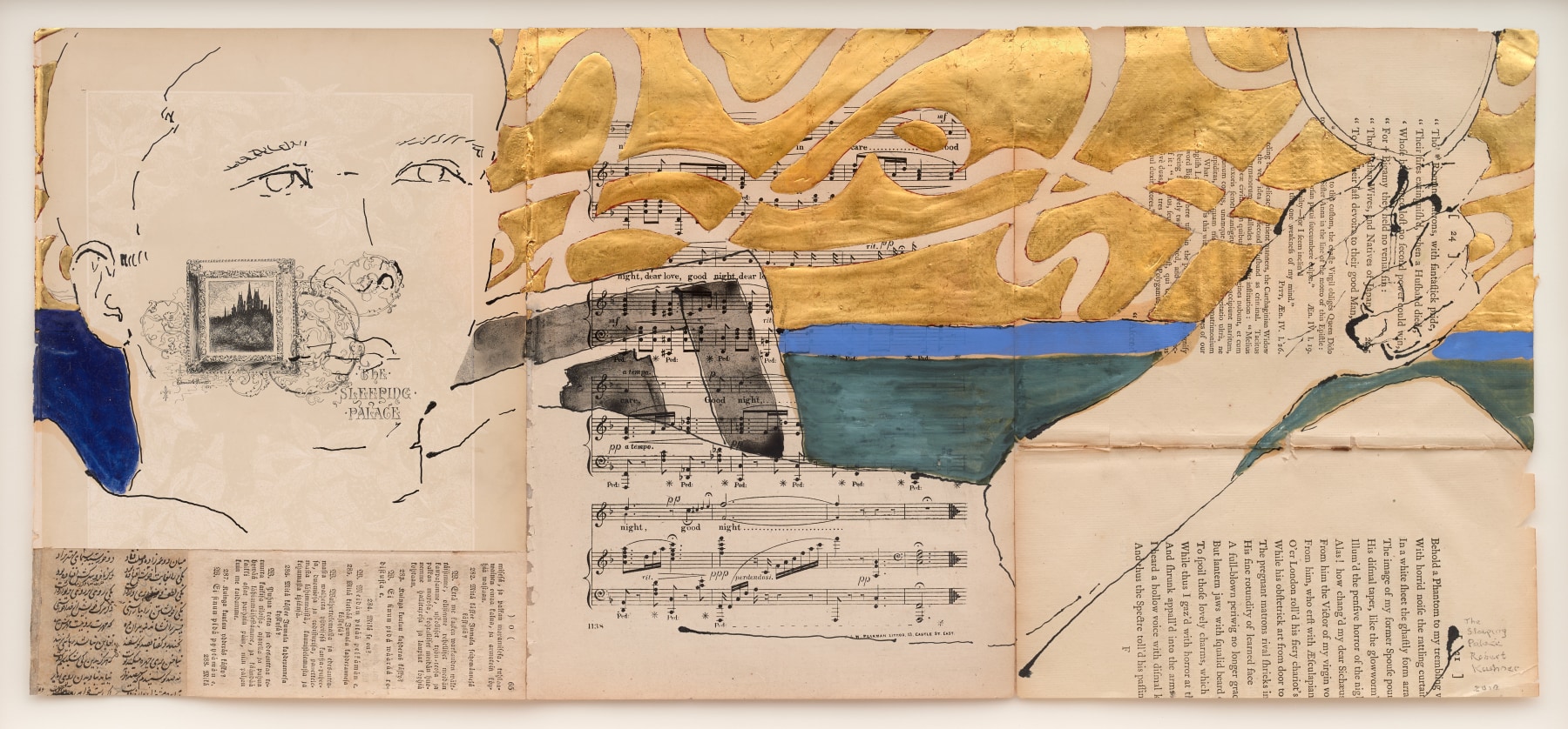 Robert Kushner, The Sleeping Palace, 2010. Acrylic, oil, ink, ink wash, gold leaf, and collage on antique paper, 13 1/2 x 30 inches