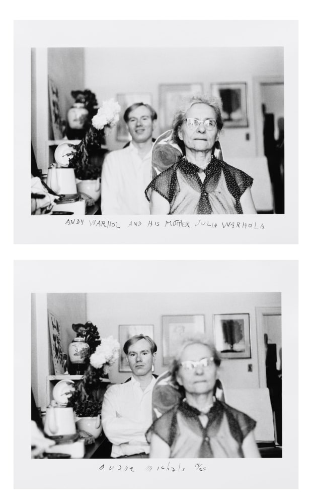 Andy Warhol and His Mother Julia Warhola, 1958 Two gelatin silver prints with hand-applied text 6 5/16 x 9 3/8 inches (each image); 8 x 9 15/16 inches (each sheet) Edition 14/25