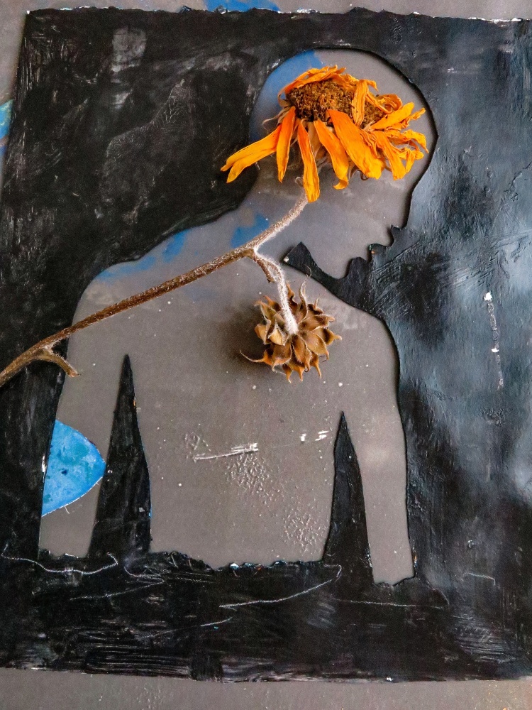 Mary Frank, Head/Sunflower, 2015-17. Archival pigment print on bamboo paper, mounted on aluminum, 21 1/2 x 16 1/2 inches, Edition of 9