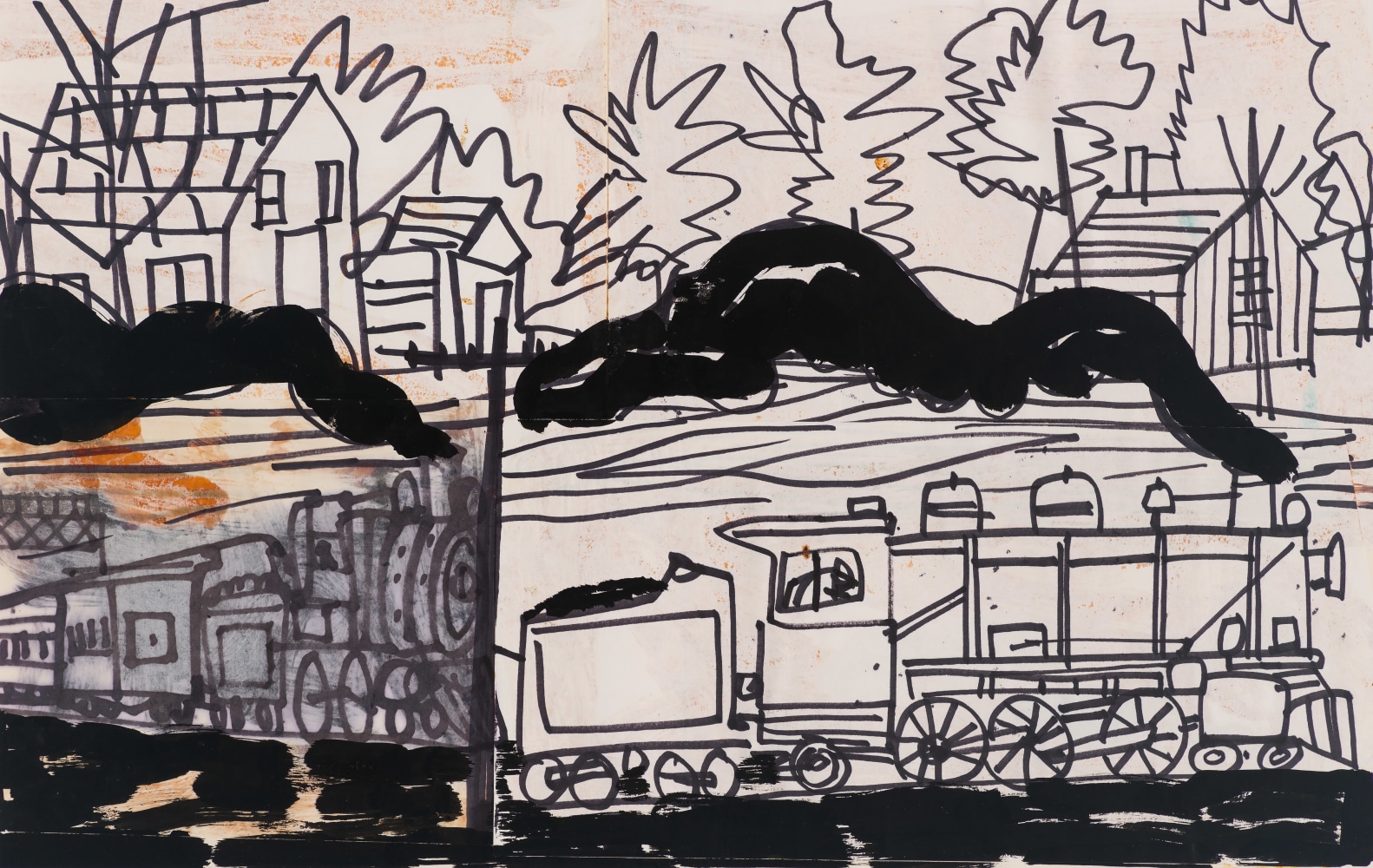 Trains B &amp; W, 1981 Collage on paper, 14 x 22 inches