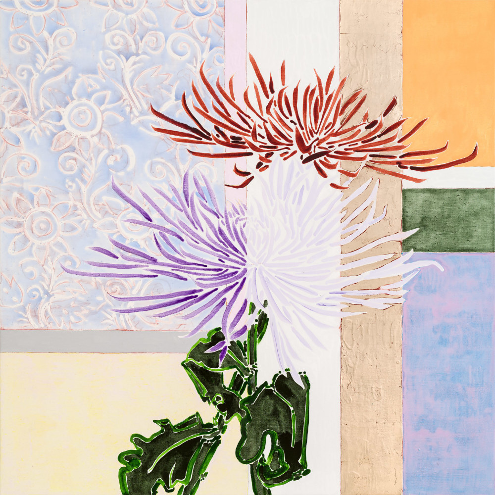 Spider Mums, 2021

Oil, acrylic, gold leaf, and cont&amp;eacute; crayon on linen

48 x 48 inches