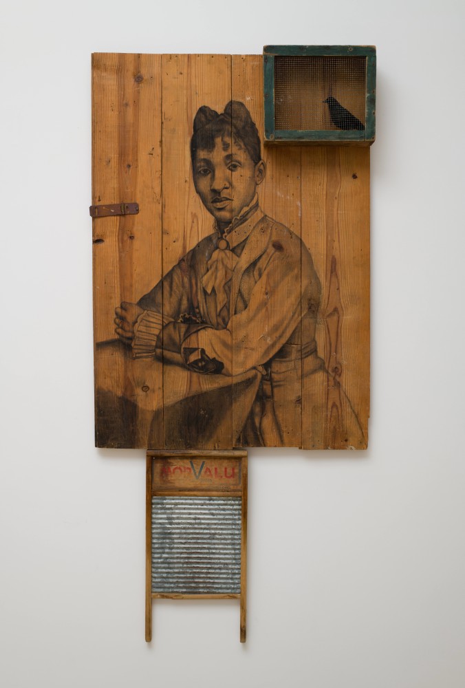 Whitfield Lovell
Blackbird, 2021
Cont&amp;eacute; on wood with attached found objects
80 x 36 3/4 x 6 1/2 inches
&amp;nbsp;