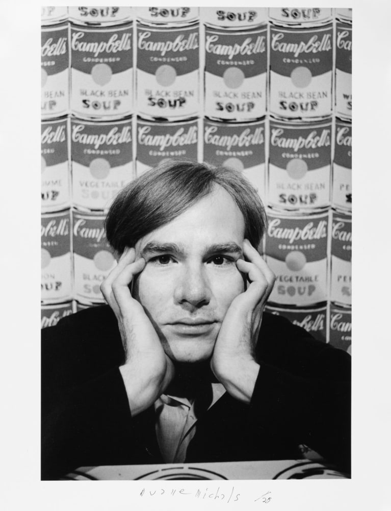 Andy Warhol (In Front of Campbell's Soup Art), c. 1962, Gelatin silver print 11 x 14 inches Edition 8/25