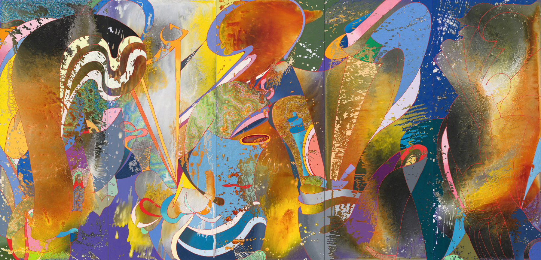 Round Trip Time, 2024  Acrylic on wood panel 72 x 150 inches