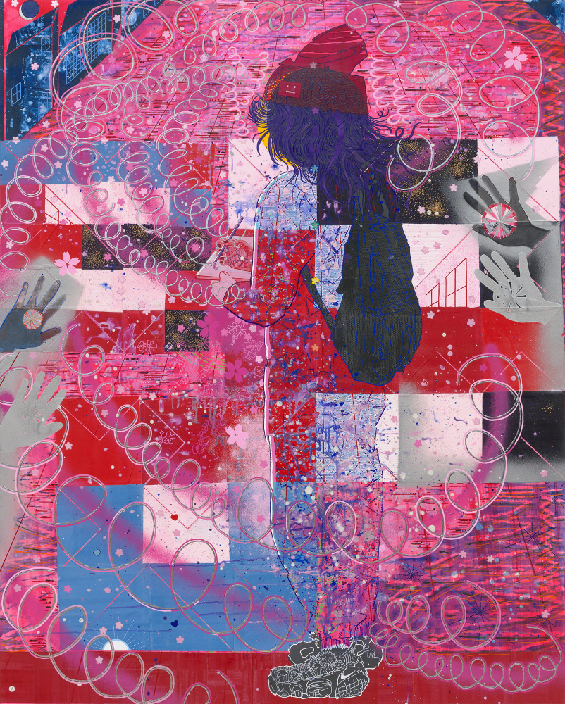 Chie Fueki Painting, 2023 Acrylic, enamel, graphite and colored pencil on mulberry paper on wood 60 x 48 inches