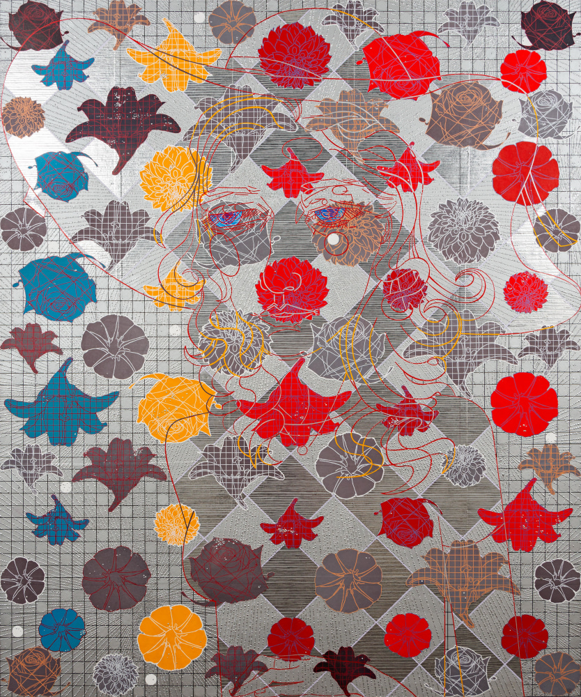 Chie Fueki, Mirror, 2013-2020. Acrylic, colored pencil and mirror paint on mulberry paper on wood, 58 x 48 inches