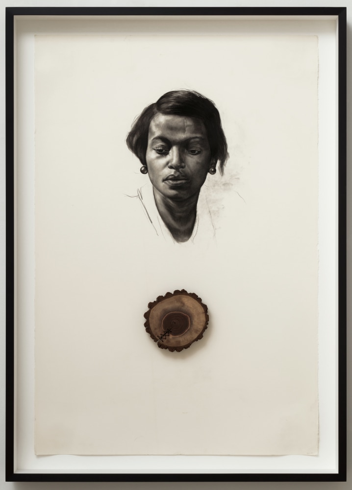 Whitfield Lovell, Spell no. 15 (Remedios), 2021. Conté on paper with attached found object, 66 1/2 x 47 3/4 x 4 3/4 inches