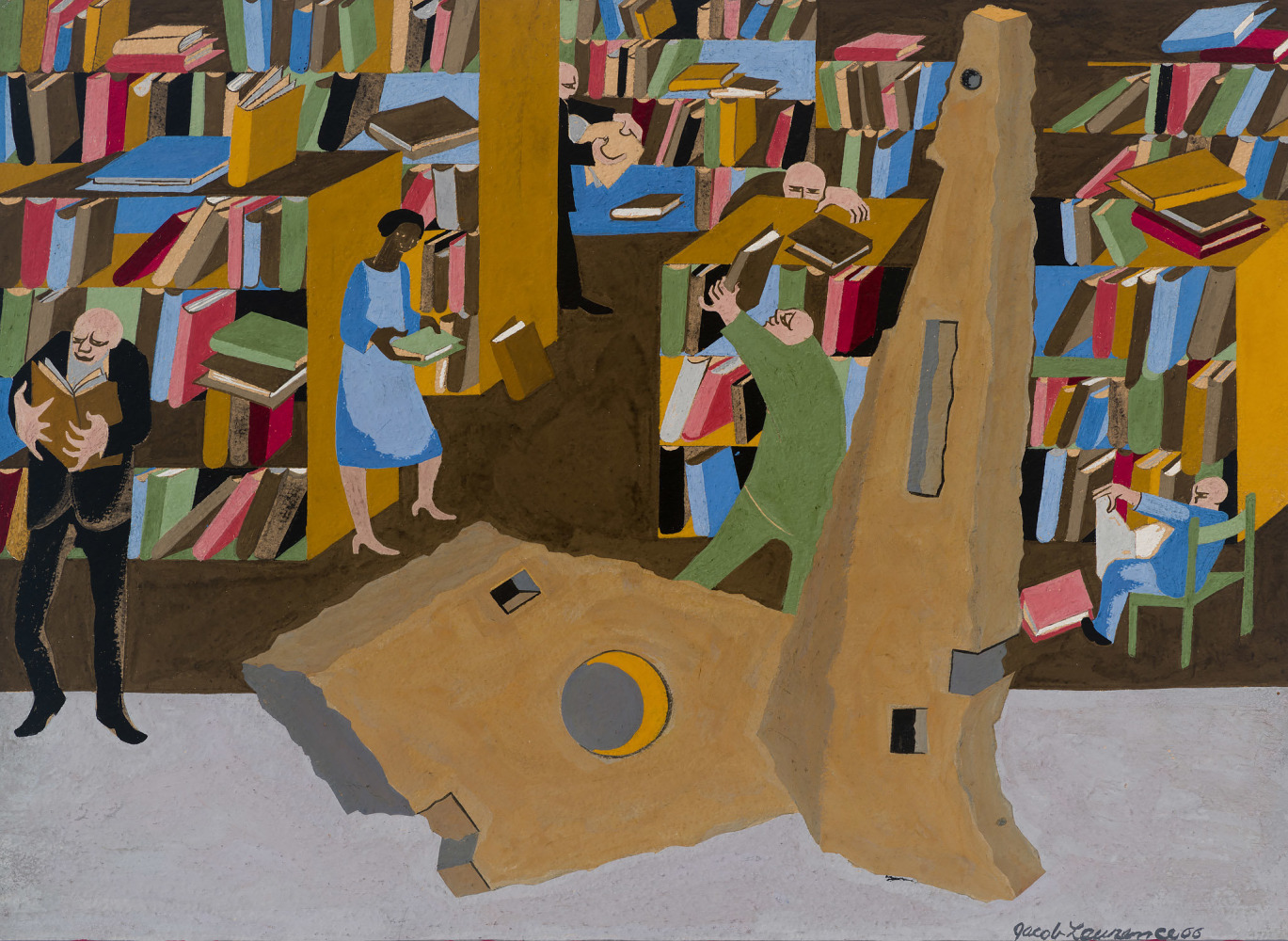 Jacob Lawrence, Courtyard Library, 1966. Tempera and gouache on paperboard, 15 1/2 x 19 1/2 inches