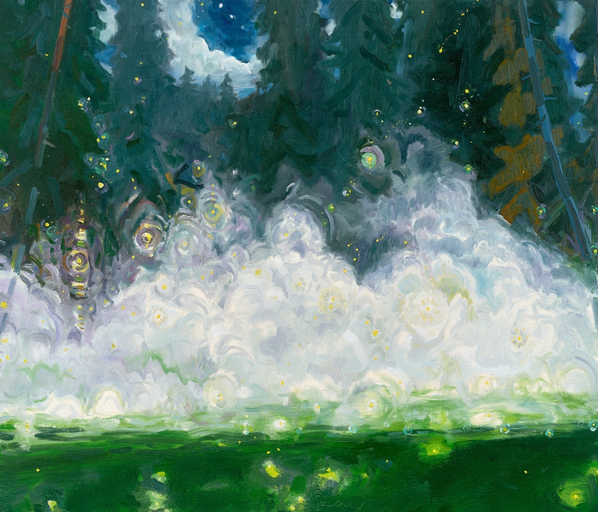 Eric Aho, Orion, Mists, and Fireflies No. 1, 2022. Oil on linen, 36 x 42 inches