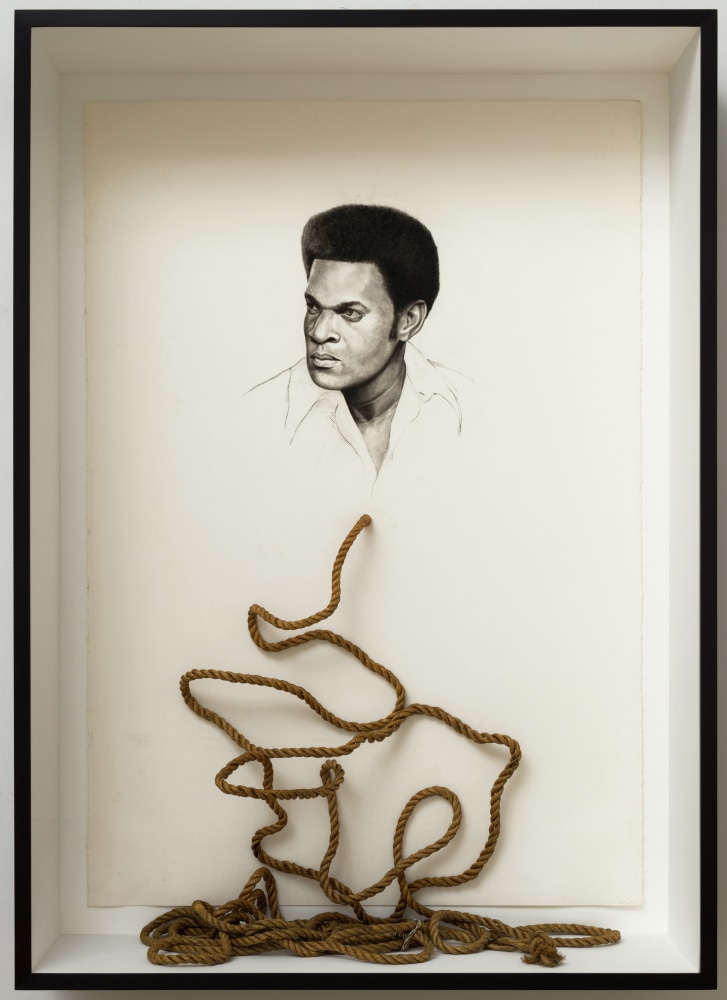 Whitfield Lovell, Spell no. 12 (Black Maybe), 2021. Conté on paper with attached found object, 66 1/2 x 47 3/4 x 13 3/4 inches