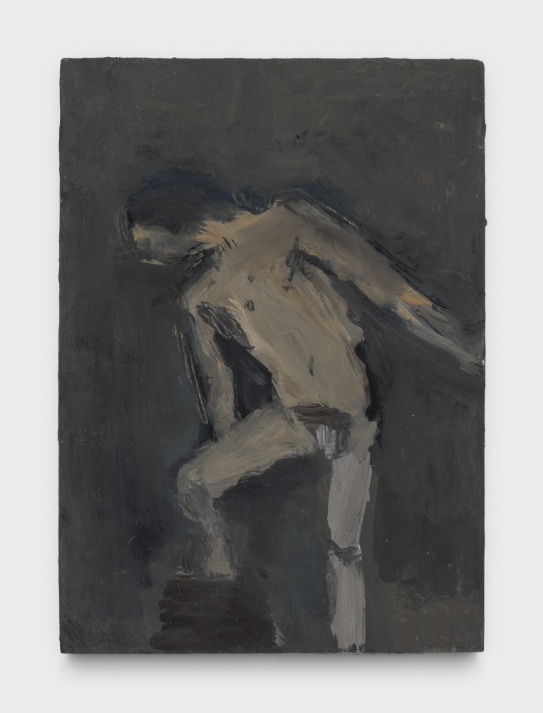 Janice Nowinski, Male Nude with Knee Raised, 2022. Oil on panel, 7 x 5 inches