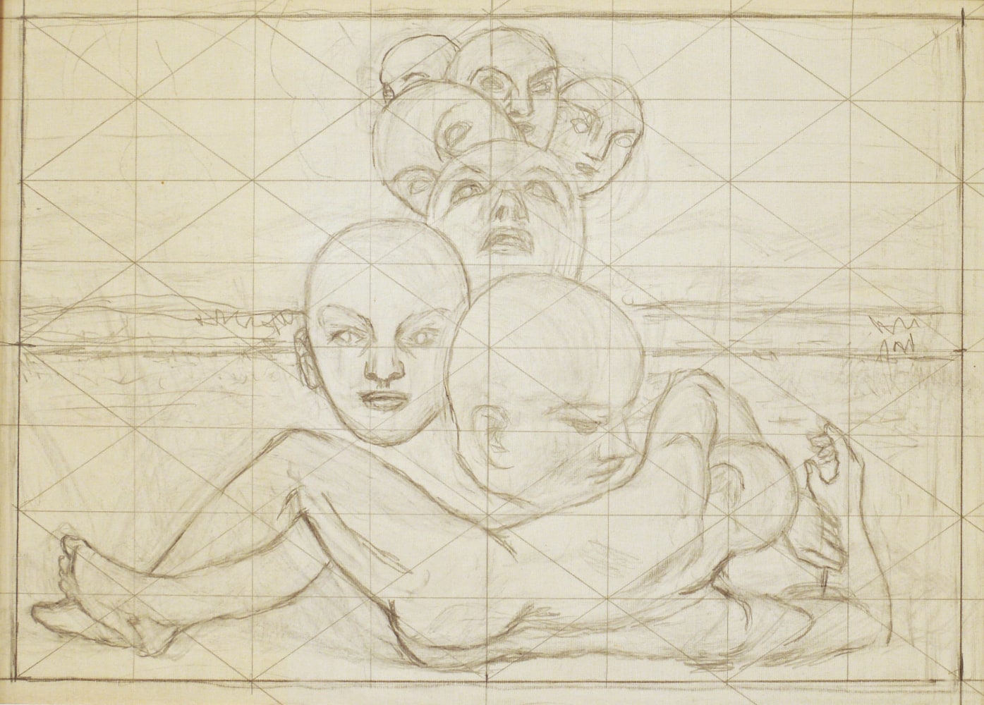 Jared French, Reclining Figures with Heads, c. 1960s. Pencil on paper, 8 1/8 x 11 1/2 inches