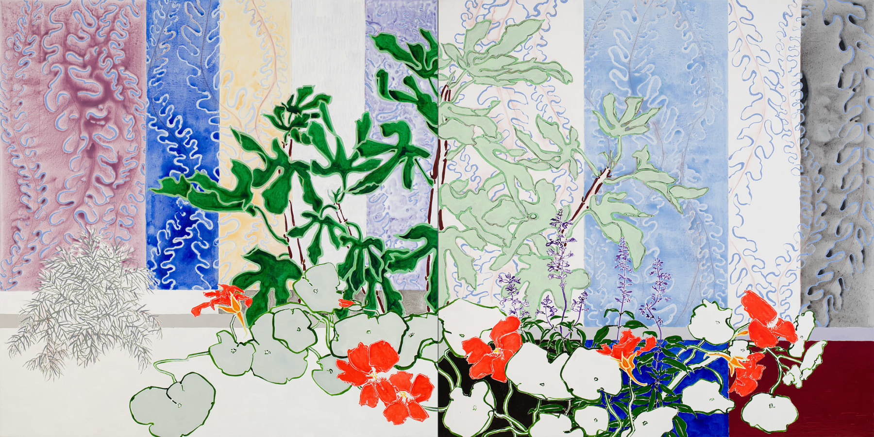 Robert Kushner, Young Fig Tree, 2022. Oil, acrylic, and conté crayon on linen, 72 x 144 inches