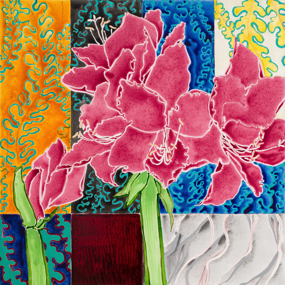 Robert Kushner, Amaryllis and Marble Table, 2022. Oil, acrylic, and conté crayon on linen, 48 x 48 inches