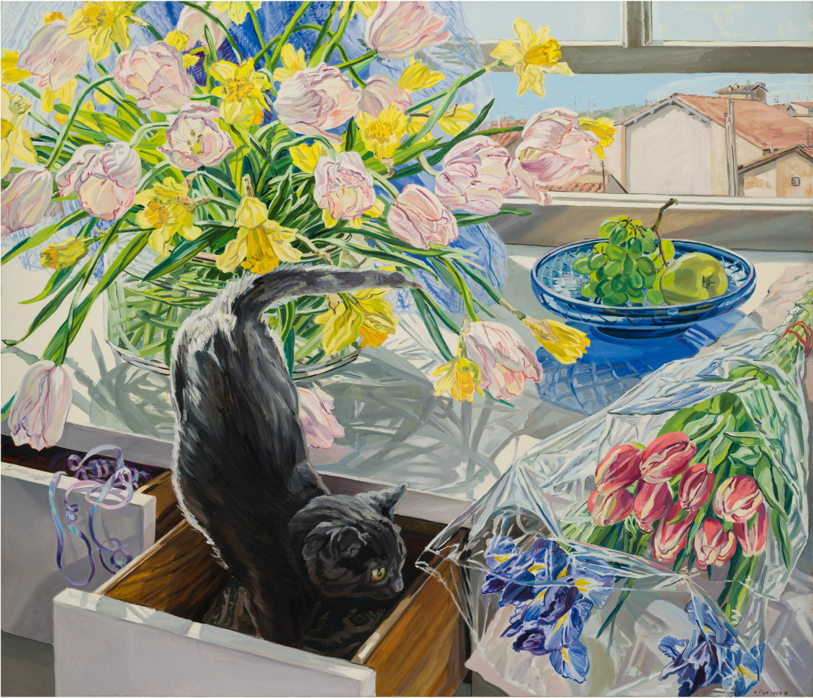 Tulips and Grey Cat, 1989. Oil on canvas, 60 x 70 inches