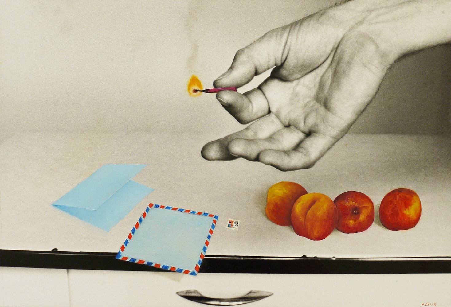 Duane Michals, Why Did He Burn the Letter?, c, 1980. Photograph with hand-applied oil paint, mounted on illustration board, 13 1/4 x 19 3/8 inches (image); 15 7/8 x 19 3/4 inches (paper).