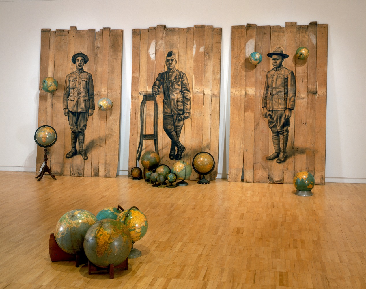 Autour Du Monde, 2008. Cont&amp;eacute; on wood panels with globes, 102 x 189 x 171 inches