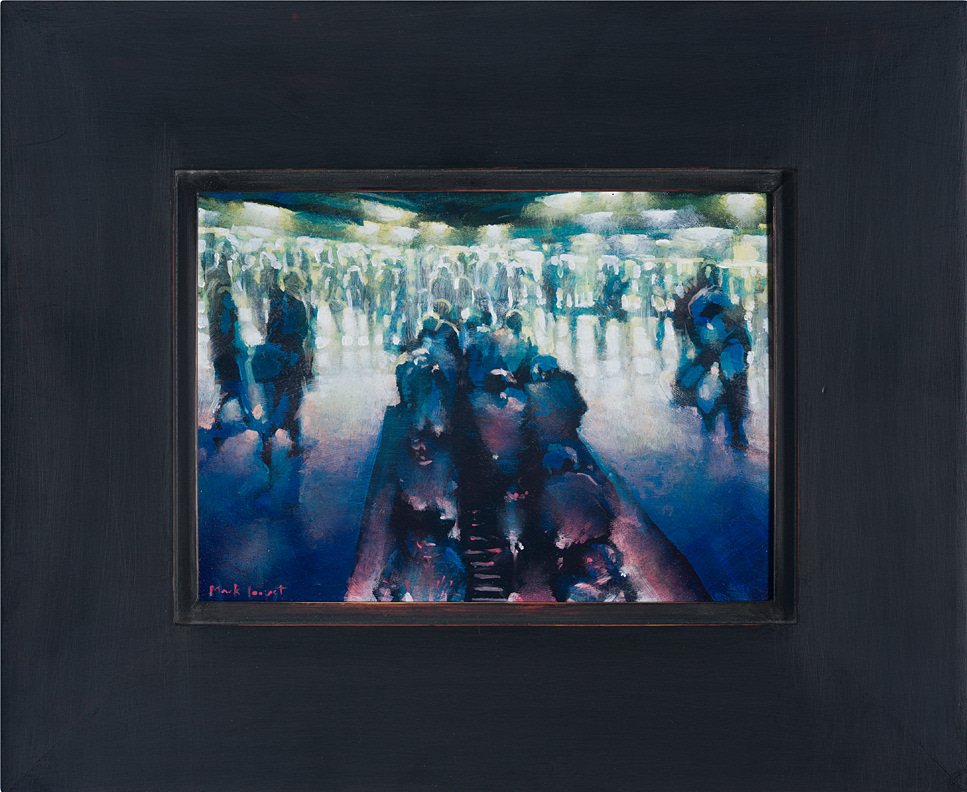 Mark Innerst, Downtown Connections, 2018. Oil on panel in the artist's handmade frame, 5 x 7 inches (panel); 9 1/4 x 11 1/4 inches (frame)