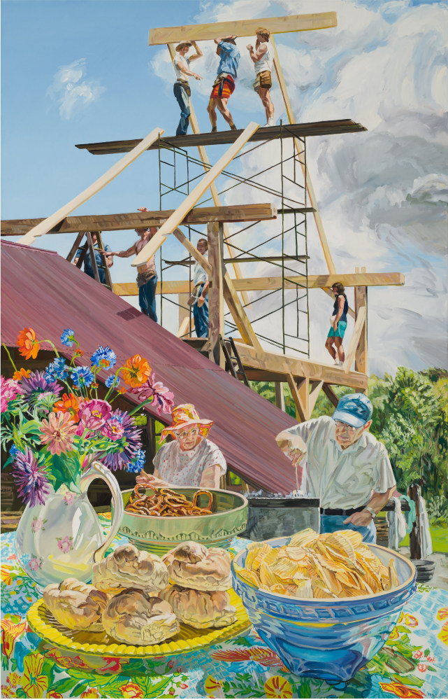 Barn Raising, 1989. Oil on canvas, 84 x 54 inches
