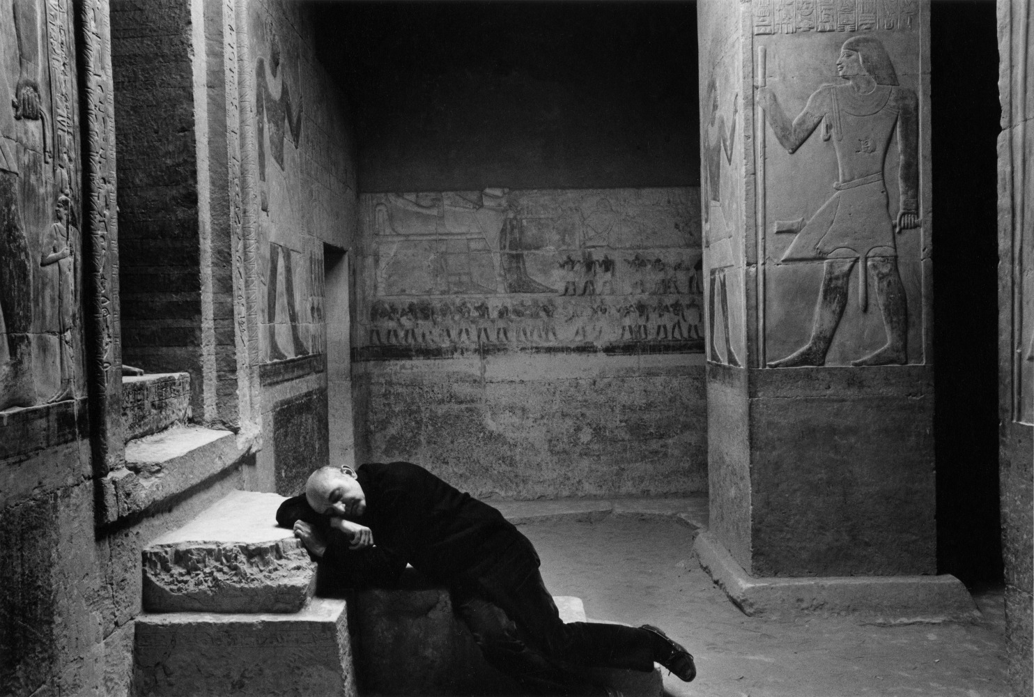 Self-Portrait Asleep in the Tomb of Mereruka at Sakkara, 1966 Gelatin silver print with hand-applied text 8 1/8 x 11 7/8 inches (image); 11 x 13 7/8 inches (paper) Edition 5/25