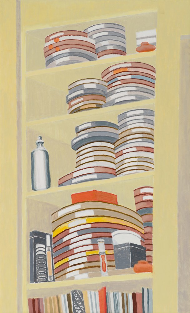 Film Cans, 2020. Oil on linen 41 3/4 x 25 1/4 inches