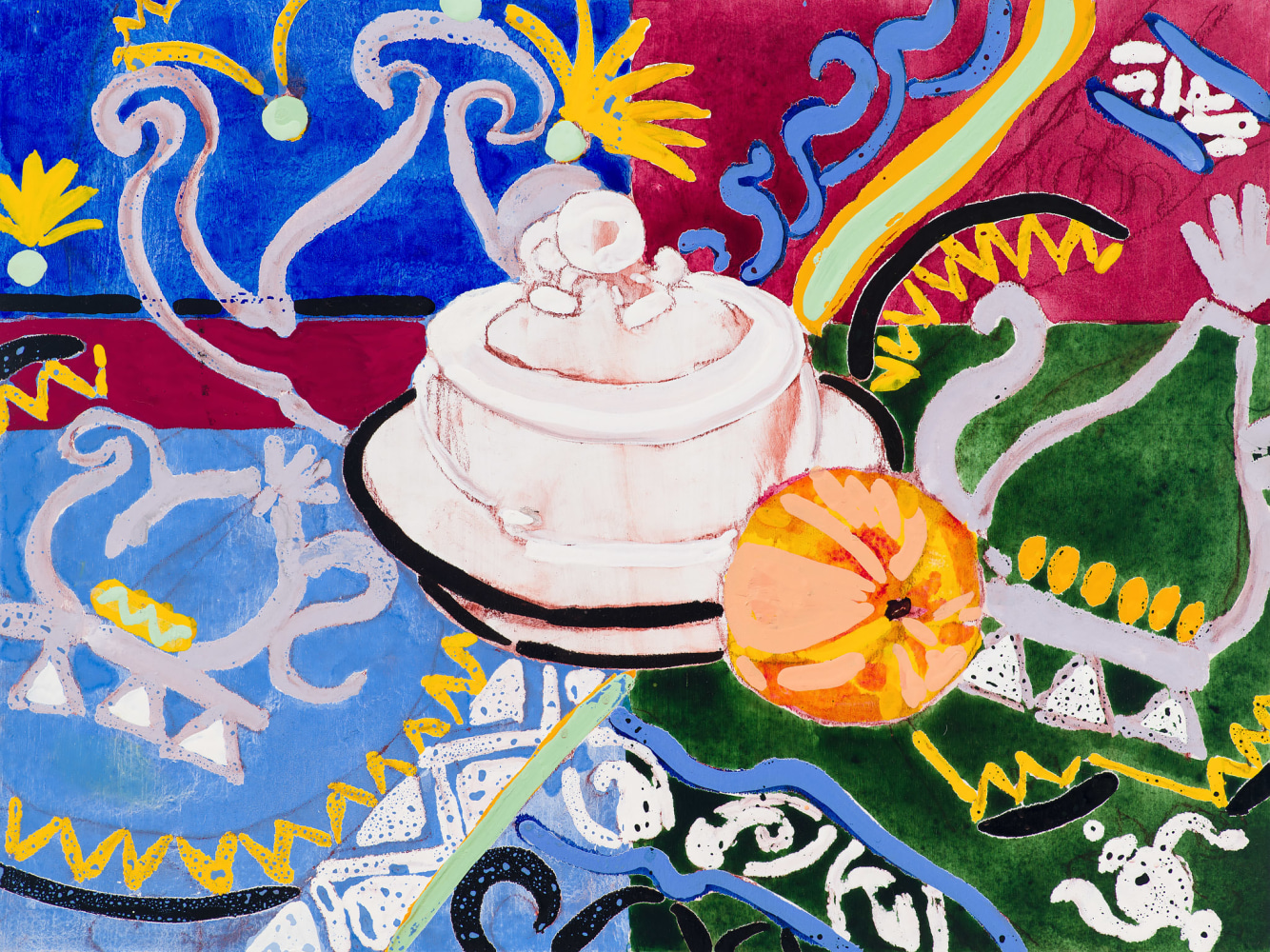 Robert Kushner, Orrefors, Peach, and Suzani, 2022. Oil, acrylic, and conté crayon on wood panel, 18 x 24 inches