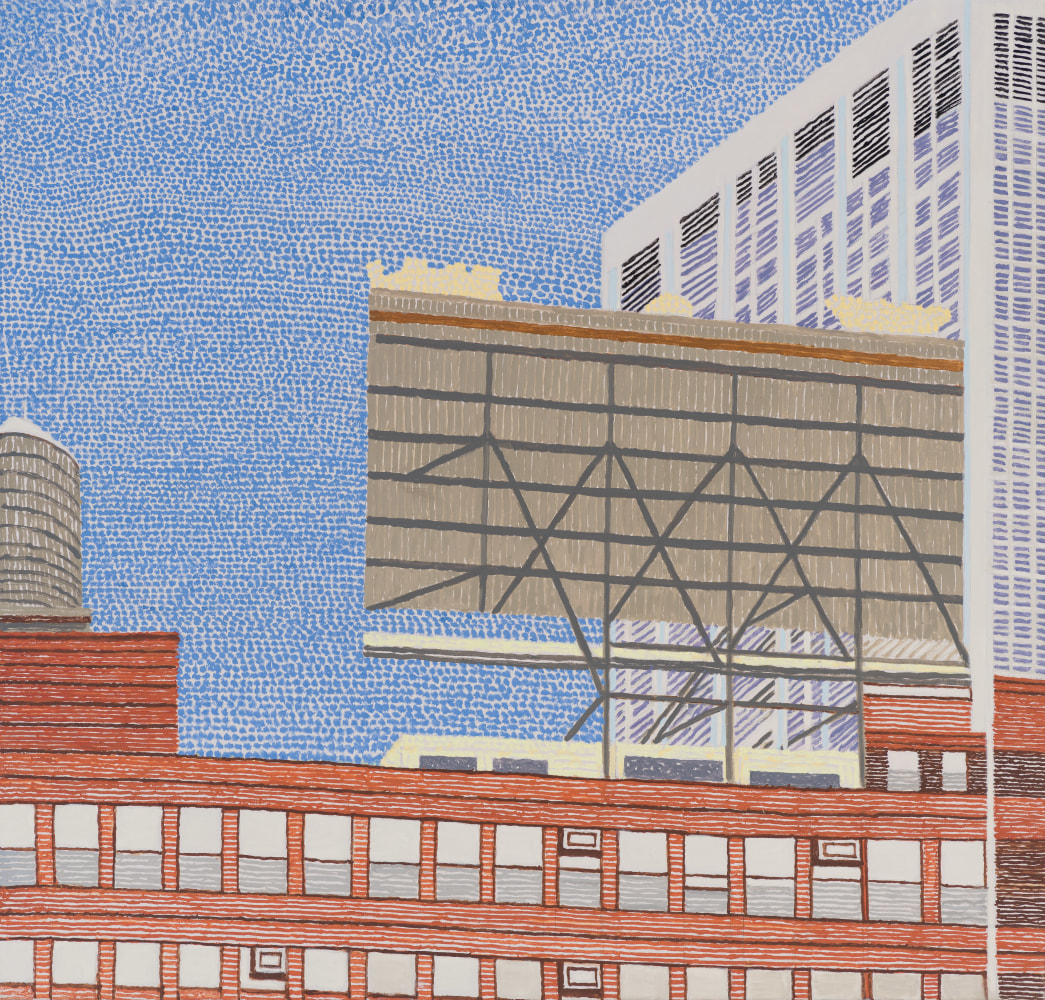 Backside of Huge Sign, N.Y.C., 2020. Oil on linen 42 1/4 x 44 inches