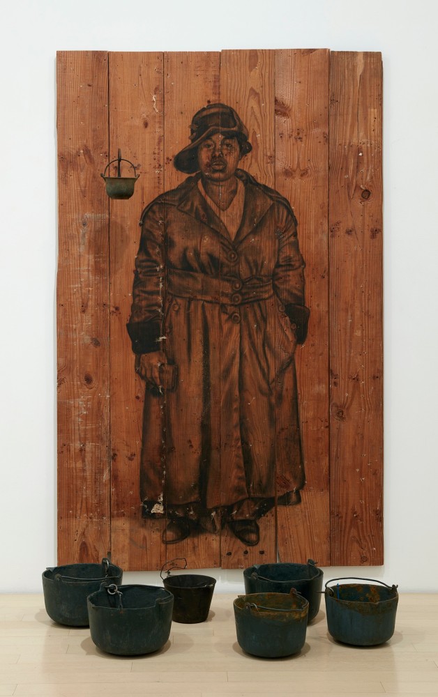 Whitfield Lovell, Sun Go Down 2000-2023 Charcoal on wood, found objects 90 1/2 x 54 x 40 inches
