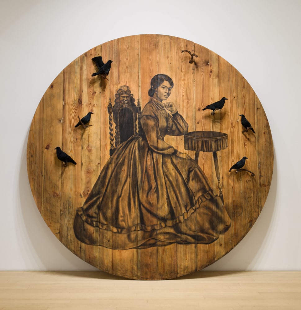 Because I Wanna Fly, 2021
Cont&amp;eacute; on wood with attached found objects
114 inches diameter
&amp;nbsp;