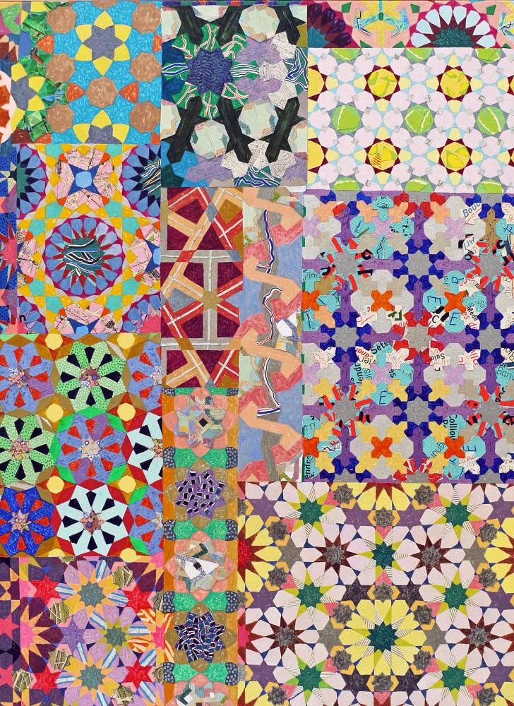 Joyce Kozloff, pink Paris and red Brooklyn, 2015. Mixed media on canvas, 36 1/2 x 26 3/4 inches