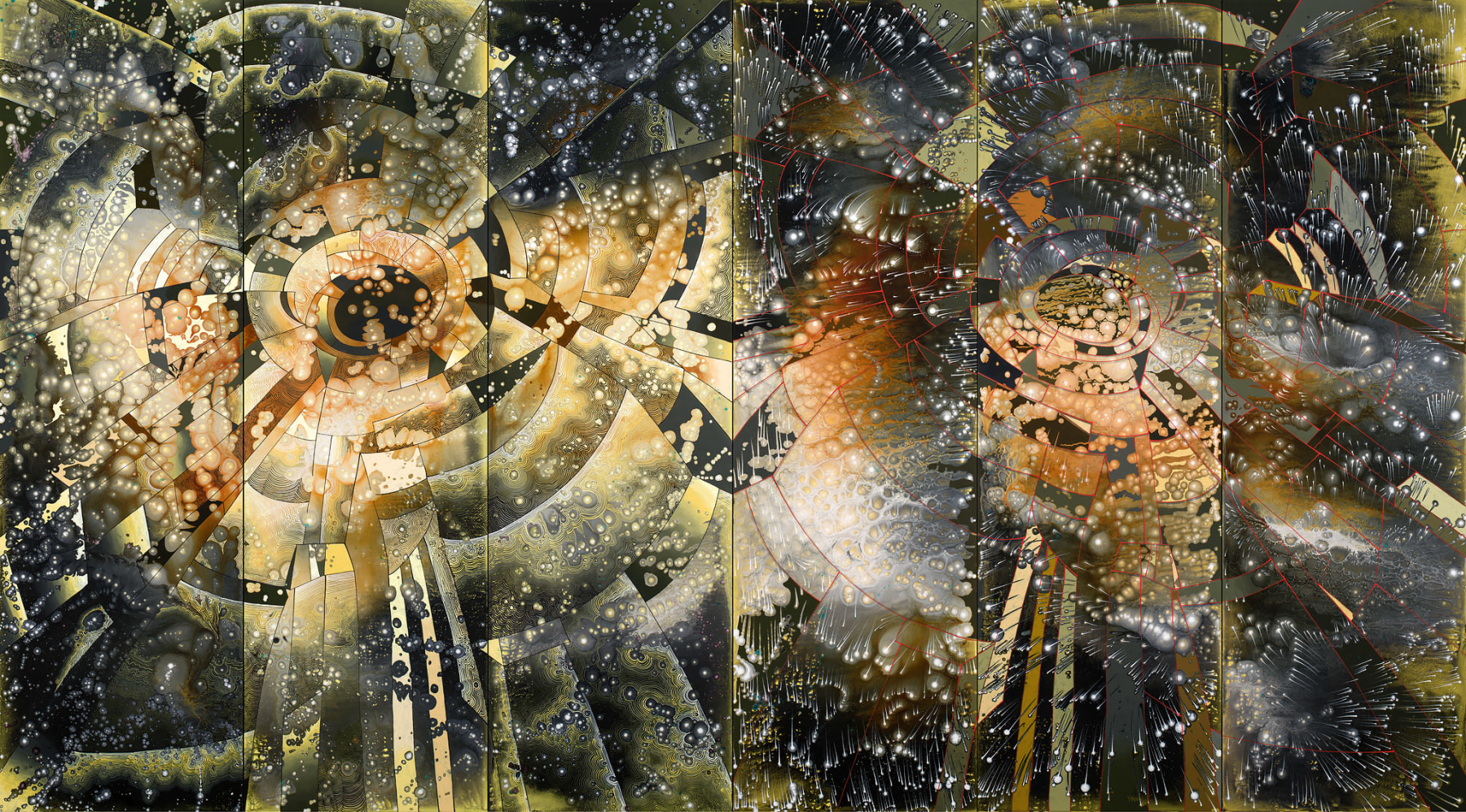 Two for Bontecou, 2022  Acrylic on wood doors 80 x 144 inches