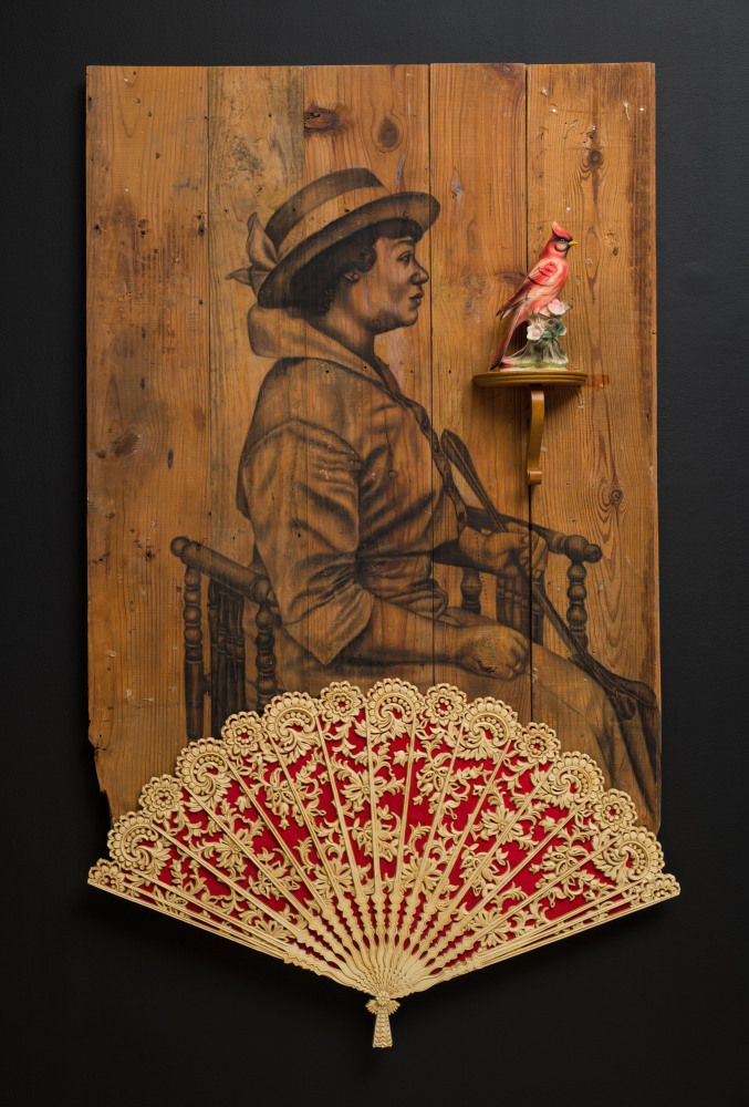 Untitled (Cardinal), 2020
Cont&amp;eacute; on wood, found object
71 1/2 x 43 inches
&amp;nbsp;
