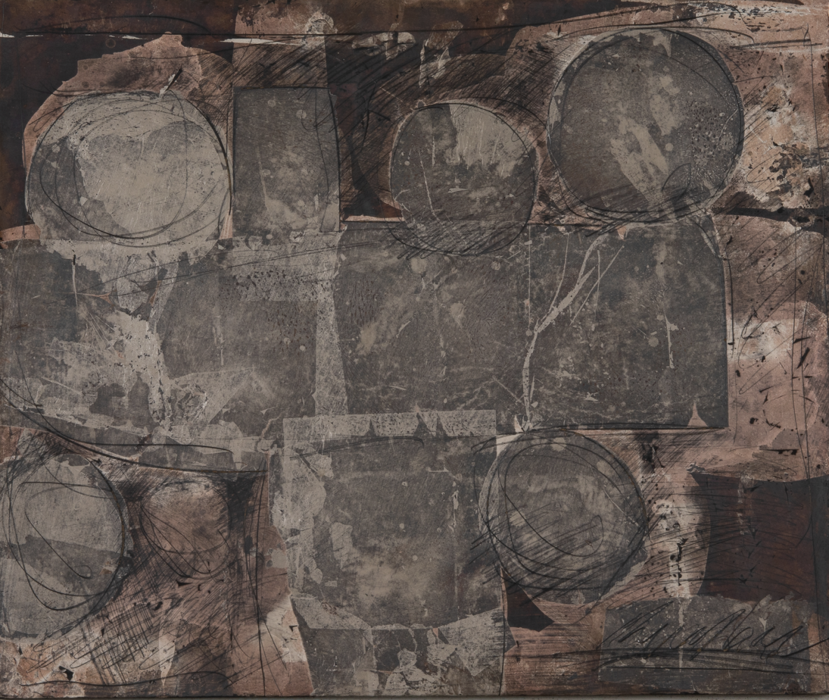 George Dunbar
Bonfouca No. 65, 2014
Palladium and silver leaf over dark gray clay on panel
12h x 14.50w in
 